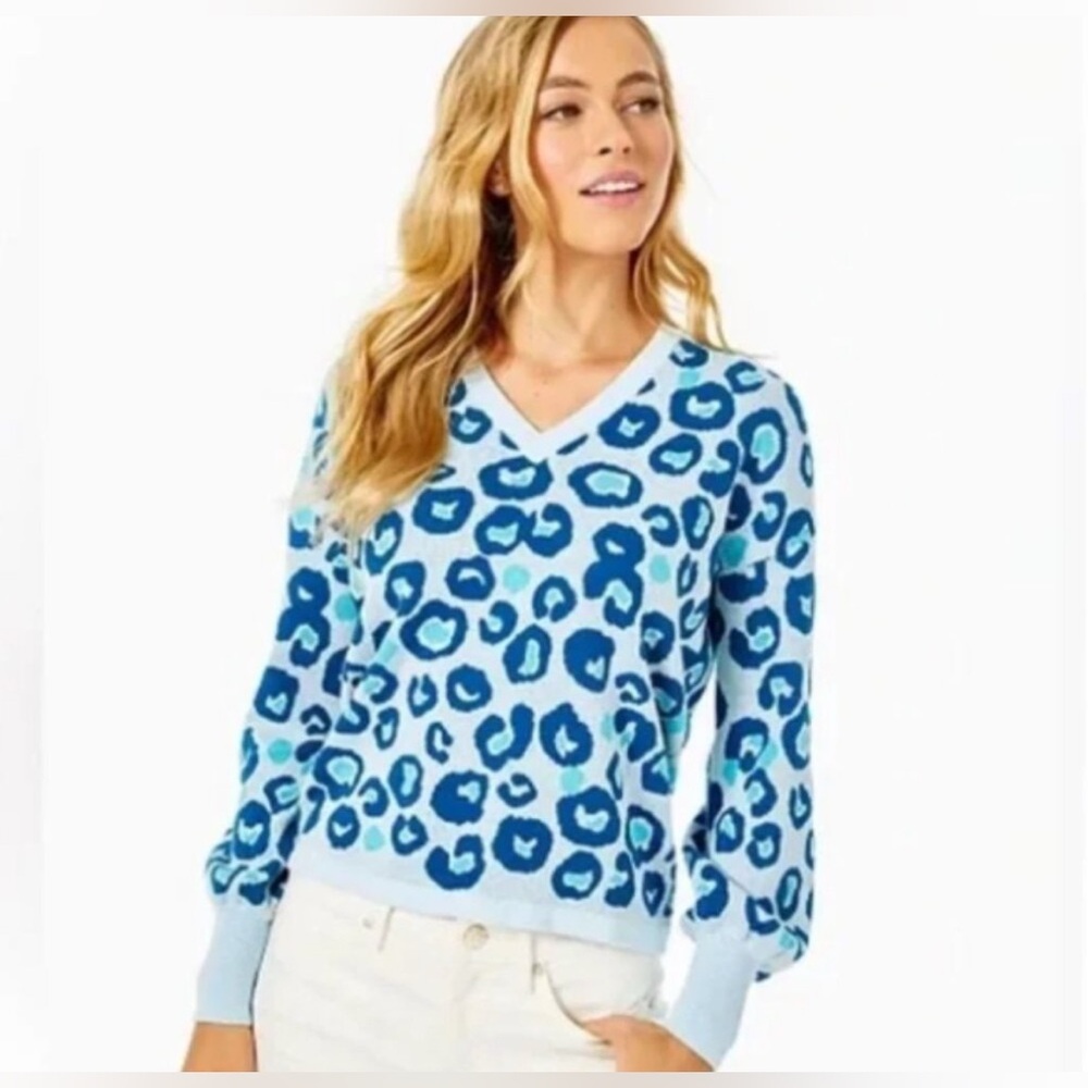 NWT Lilly Pulitzer Jasmina Sweater Skim Blue Don’t be a Cheetah Large